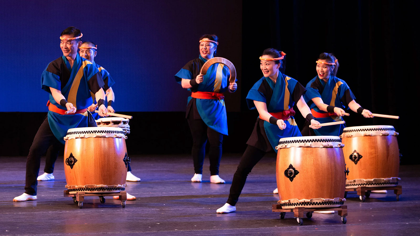 San Jose Taiko drummers in synchronized choreography during Ogden performance